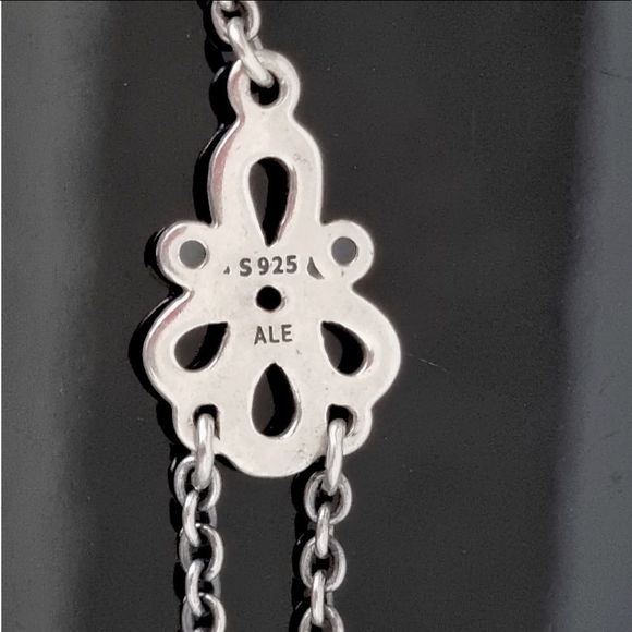 PANDORA Sincerity Sterling Silver Y Drop Mother of Pearl Onyx Station Necklace - Picture 11 of 12